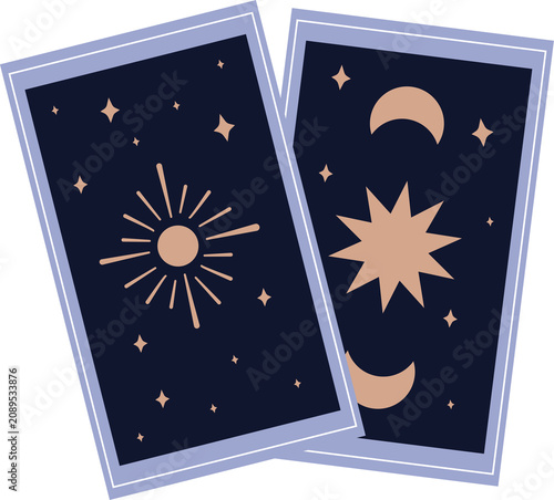 Celestial tarot cards depict sun, moon, stars against dark blue background, offering mystical fortune telling imagery.