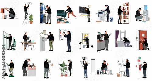 Konstfotografi Comprehensive set of icons depicting experts conducting technical surveillance counter-measures (TSCM) and searching for hidden bugs in multiple indoor environments