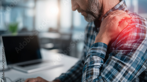 Middle-aged man experiencing shoulder pain while using laptop at work. Concept of repetitive strain injury, office ergonomics, muscle tension, workplace stress and healthcare.