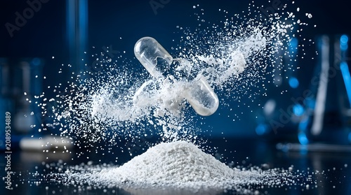 Medicine capsule exploding into white powder particles in laboratory setting with medicine, research