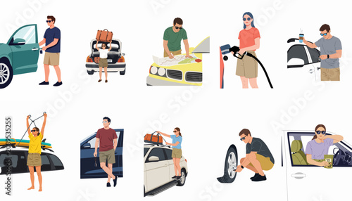Set of flat illustrations showing people preparing and going on a road trip with cars, luggage, and outdoor activities.