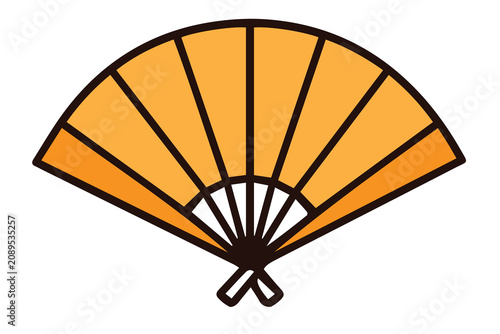 Vintage orange hand fan vector with elegant folds and classic ornamental details, featuring clean lines and timeless charm on a simple background.