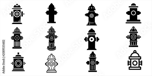 Tableau sur toile Collection of fire hydrant silhouettes with domed tops, side nozzles, chains, circular outlets – black and white vector illustration set