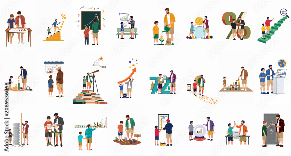 Naklejka premium Father teaching son financial literacy, investing, and saving through various educational activities and concepts in a set of colorful vector illustrations.