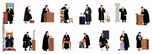 Fotografie Set of flat illustrations featuring judges in black robes in various courtroom scenes, including holding gavels, reading law books, and presiding over cases