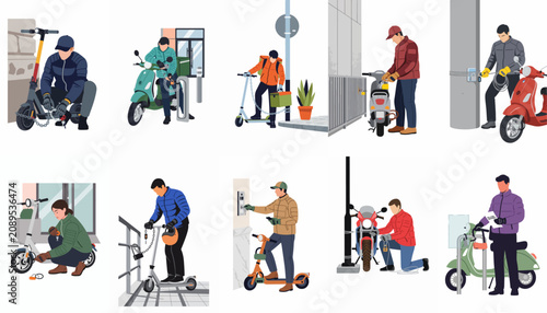 Bild auf Leinwand Collection of people locking and unlocking electric scooters and motorbikes in various urban settings, illustrating vehicle security and theft prevention measures