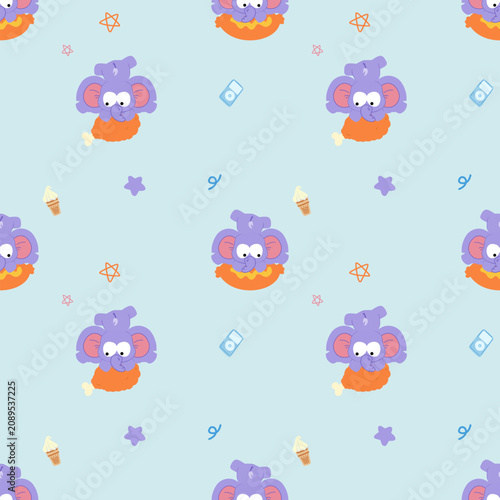 Photography Fun and colorful seamless pattern featuring cute purple elephants enjoying fries and snacks, perfect for stationery, packing, or kids’ apparel