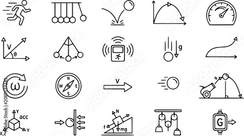 Foto Physics kinematics and classical mechanics line art icon set