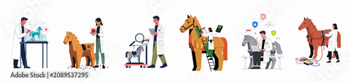 Photos Conceptual illustration of cybersecurity experts, engineers, and researchers analyzing, repairing, and defending against various forms of Trojan horse malware and digital threats