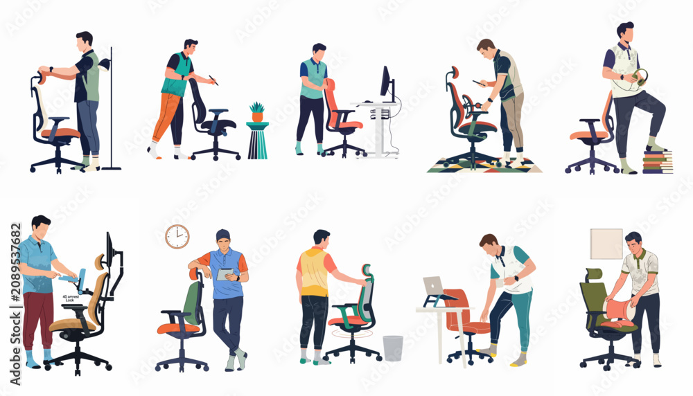 Fototapeta premium A collection of flat vector illustrations featuring men demonstrating, adjusting, and interacting with ergonomic office chairs in various professional settings.