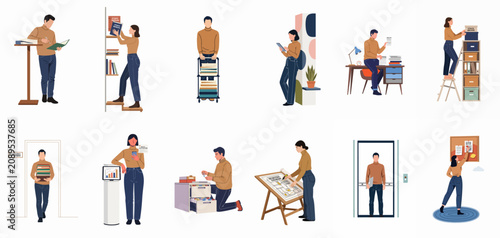 Vászonkép Set of vector illustrations showing office employees performing various tasks related to corporate compliance, ethics management, and standard business administrative procedures