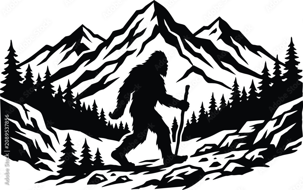 Fototapeta premium Bigfoot walking in mountain landscape with pine forest