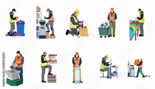 Cuadro en lienzo Collection of waste management and recycling factory workers performing various tasks in flat vector illustration style