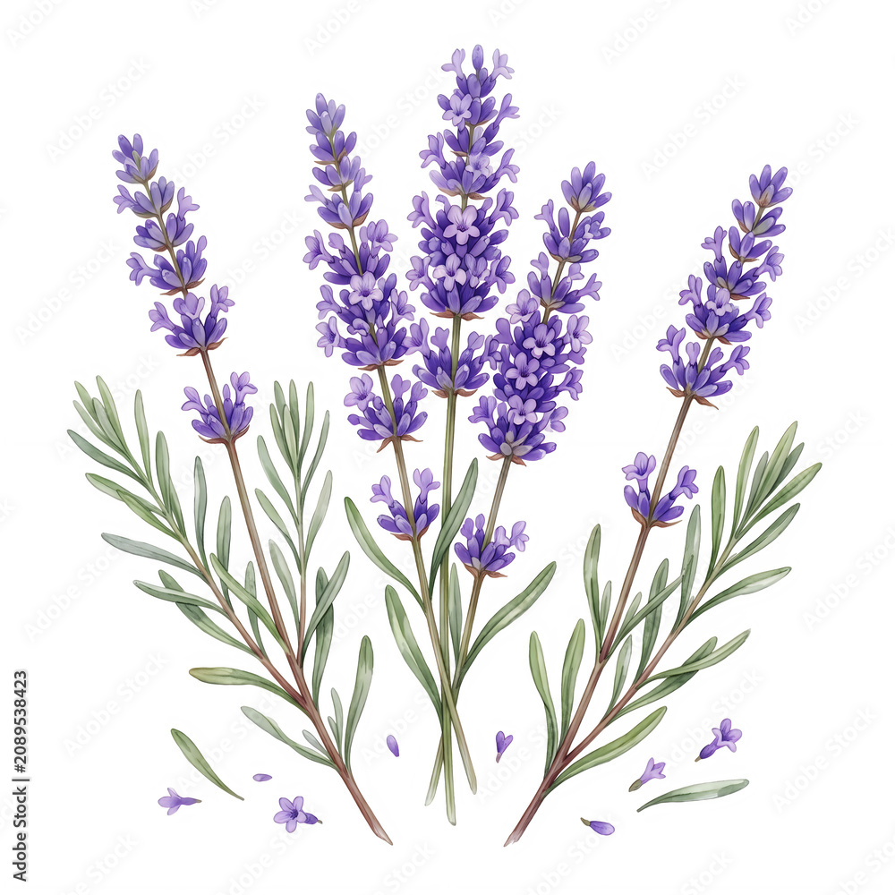 Fototapeta premium Beautiful illustration of fresh lavender flower sprigs isolated on a black background.