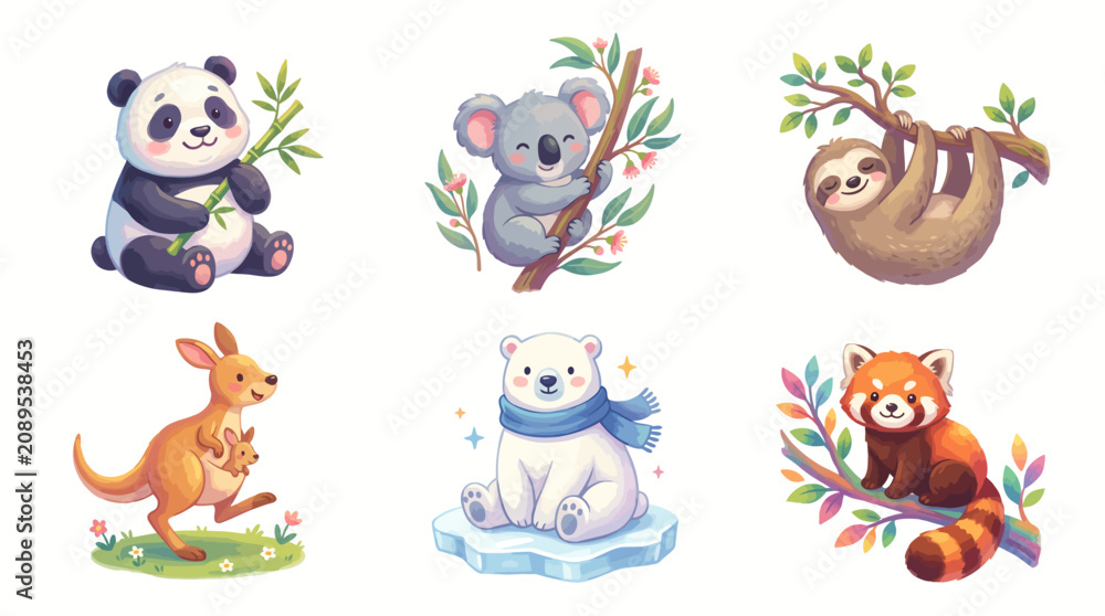 Naklejka premium Adorable watercolor illustrations of various animals including a panda, koala, sloth, kangaroo, polar bear, and red panda.