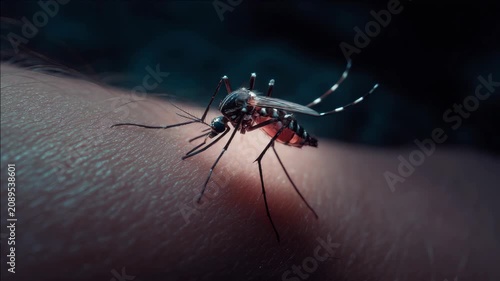 Mosquito bites human skin in dim, close-up light. Legs and proboscis are clearly visible. Dark background emphasizes the bite and insect. Skin texture and insect detail are sharp