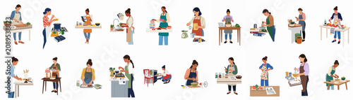 Comprehensive set of diverse women multitasking with cooking, meal preparation, and social justice activism, illustrated in a modern flat vector style.