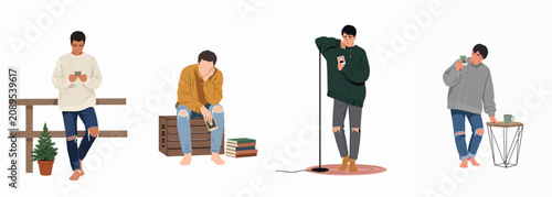 Foto Vector Illustration of Men Experiencing Loneliness, Heartbreak, and Sadness while Looking at Photos and Phones in Solitude