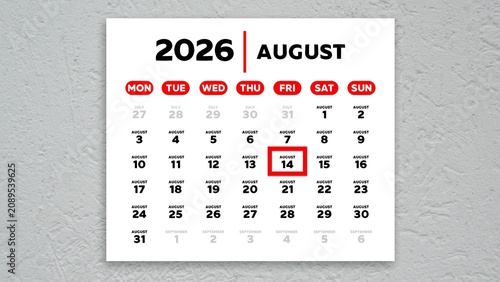 Red cursor highlighting August 14th on a 2026 wall calendar page