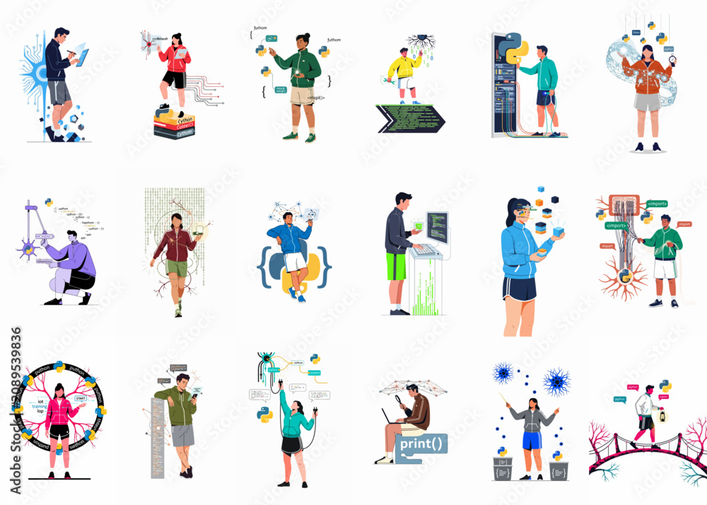 Fototapeta premium Comprehensive collection of flat vector illustrations featuring young people engaged in programming, data science, and AI development using the Python language.