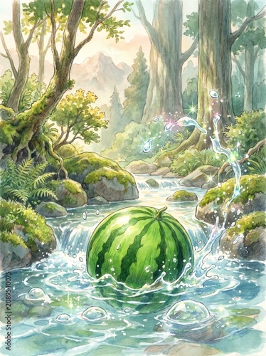 Watercolor Illustration of a Fresh Watermelon Splashing in a Forest Stream