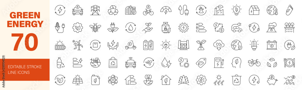 Naklejka premium Green energy icon set. Editable line icons. Vector illustration.