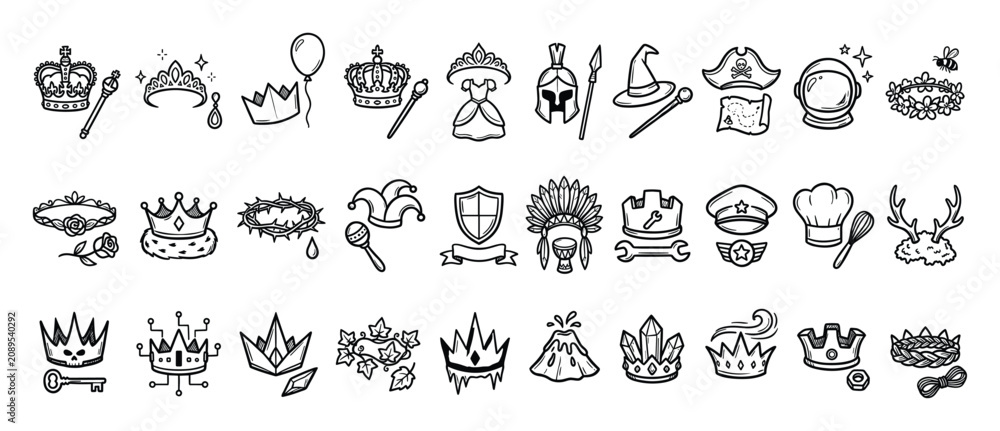 Obraz premium Set of crown and hat symbols representing various concepts such as royalty, magic, adventure, and professions perfect for game assets, web graphics, or decorative motifs.