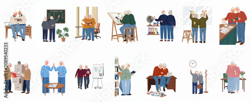 Fotografía Set of illustrations depicting active senior couples engaged in financial planning, office work, learning, and retirement preparation activities together