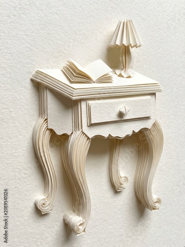 3D Papercraft Art of an Elegant Antique Nightstand and Table Lamp