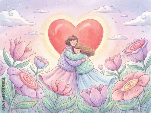 Watercolor Illustration of Two Women Mother and Daughter Hugging Among Giant Spring Flowers