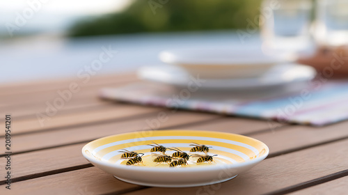 Invading Pests: Wasps Gather on a Sweet Bait Plate Outdoors, Highlighting Nuisance and Pest Control Concerns on a Summer Day