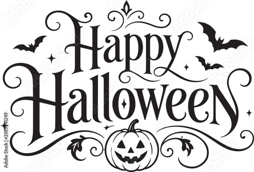 Happy Halloween Typography Design with Jack O Lantern Pumpkin and Bats Vector