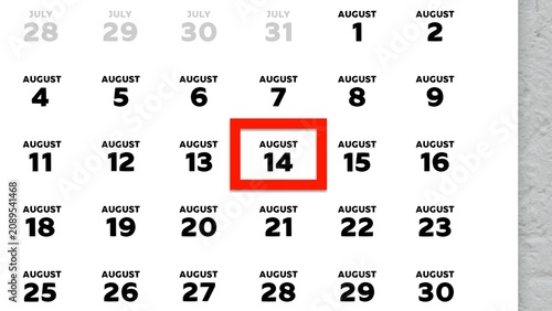 Close-up of August 14th date marked with a red cursor on a 2026 wall calendar