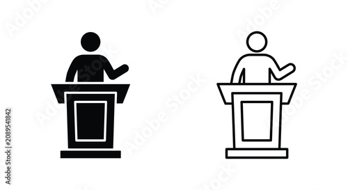 Photos Speaker at podium with raised hand two variations in black and white line silhou