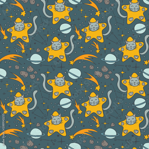 Cute seamless pattern with cats sitting on stars, planets, comets and constellations. Playful space illustration for fabric, wallpaper, wrapping paper, stationery, nursery decor and textiles.