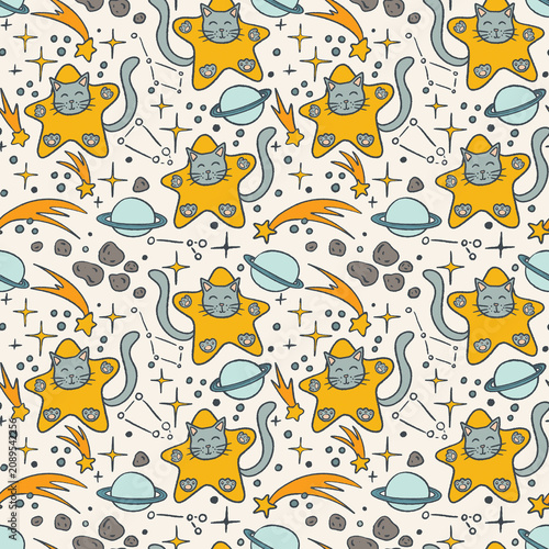 Cute seamless pattern with cats sitting on stars, planets, comets and constellations. Playful space illustration for fabric, wallpaper, wrapping paper, stationery, nursery decor and textiles.