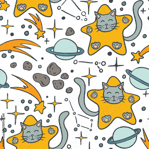 Cute seamless pattern with cats sitting on stars, planets, comets and constellations. Playful space illustration for fabric, wallpaper, wrapping paper, stationery, nursery decor and textiles.