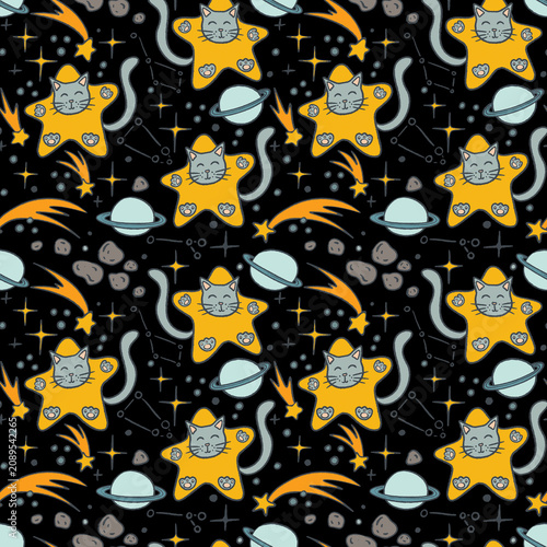 Cute seamless pattern with cats sitting on stars, planets, comets and constellations. Playful space illustration for fabric, wallpaper, wrapping paper, stationery, nursery decor and textiles.