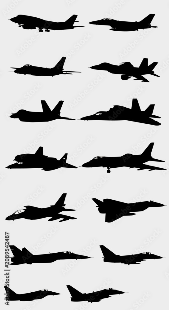 Fototapeta premium Military aircraft silhouettes set, 14 fighter jet and bomber plane vector icons, black aviation warplane shapes for tactical design and infographics