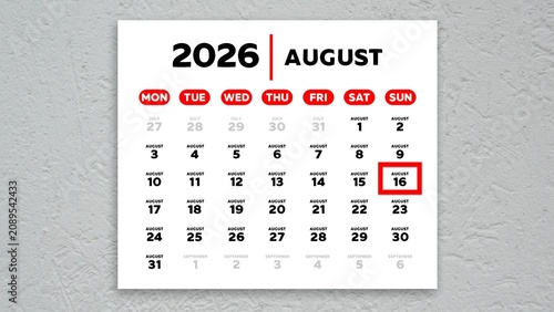 Red cursor highlighting August 16th on a 2026 wall calendar page