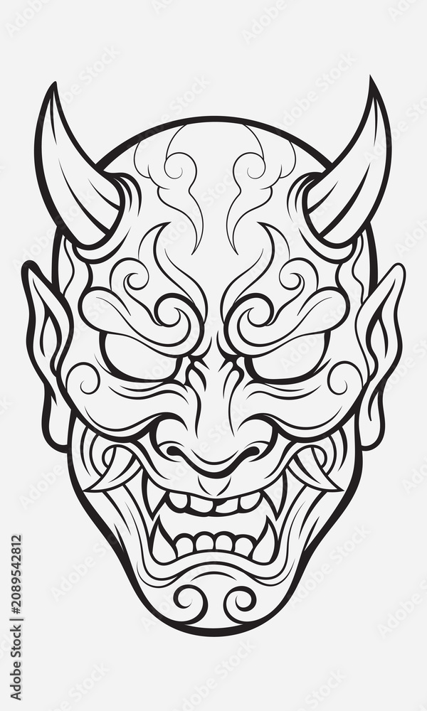 Fototapeta premium Black and white japanese hannya mask vector illustration for traditional tattoo art.