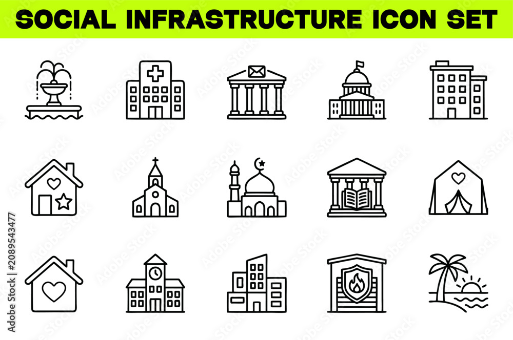 Fototapeta premium Social Infrastructure Icon Set – Editable Stroke Vector Illustration of Government, Community and Public Service Building Icons