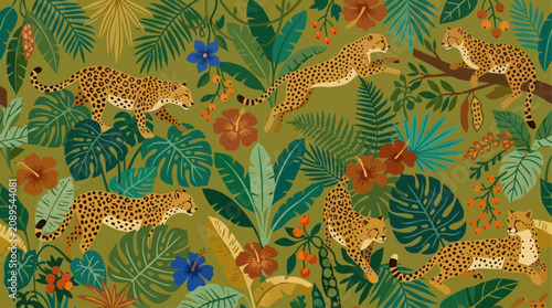 Canvas Print Vibrant jungle pattern with cheetahs and foliage.