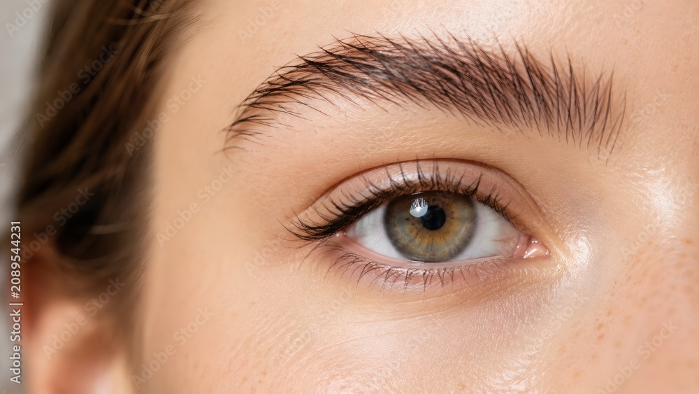 Fototapeta premium Close-up of a woman's eye with natural, glowing skin and defined brows, clean beauty no makeup concept.