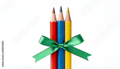 Three sharpened colored pencils tied with a green ribbon, ready for gifting