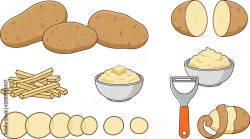 Cuadro en lienzo Fresh potato collection featuring whole potatoes, sliced potatoes, mashed potato