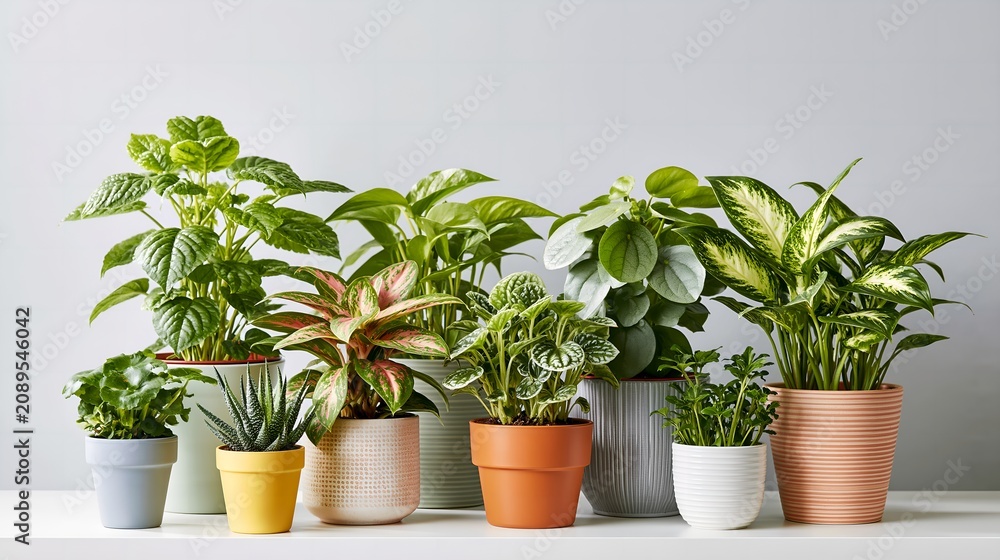 Fototapeta premium Bright green plants in colorful pots lined on a shelf.