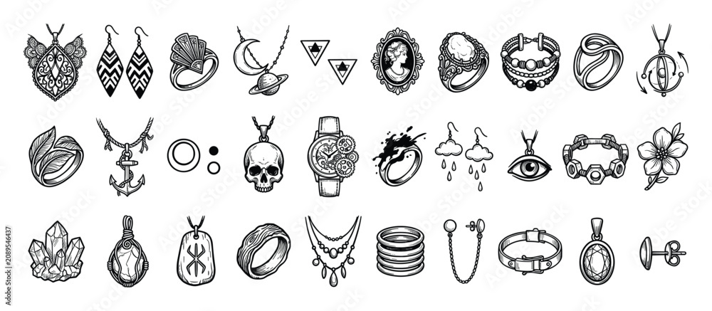 Fototapeta premium Set of diverse hand drawn jewelry and accessory icons for fashion applications and mystical themed graphic projects