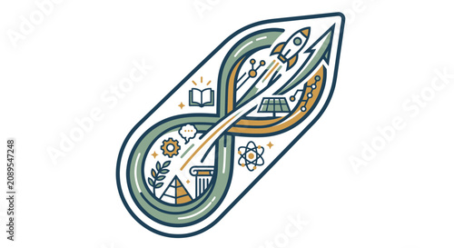 STEM Education Concept: Rocket Launch, Atom, Solar Panel, Book, Ancient Column