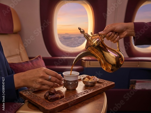 Traditional Arabic coffee service in a luxury airplane cabin at sunset during flight